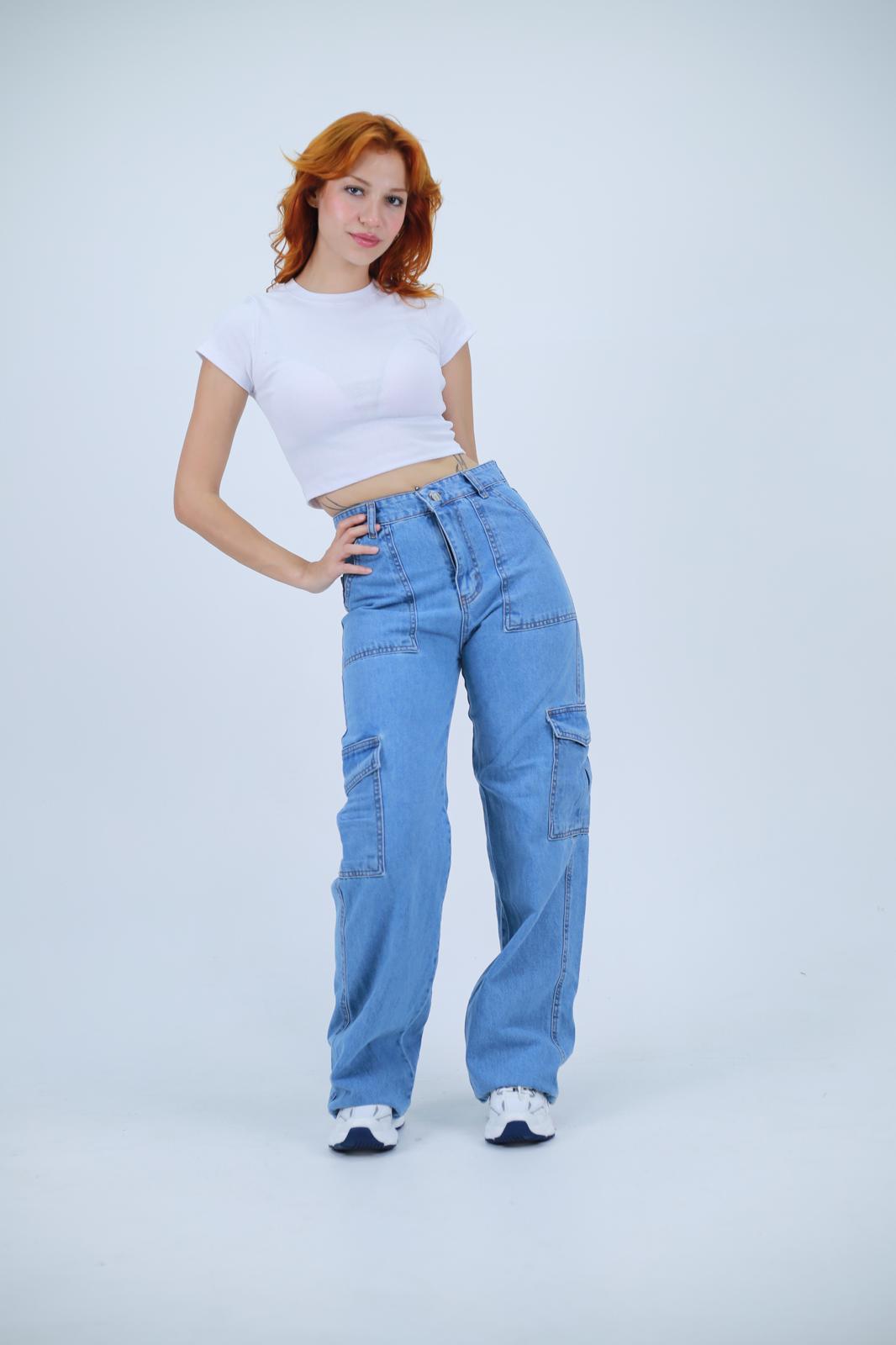 Açık Mavi Kargo Cep Detaylı Baggy Unisex Jean