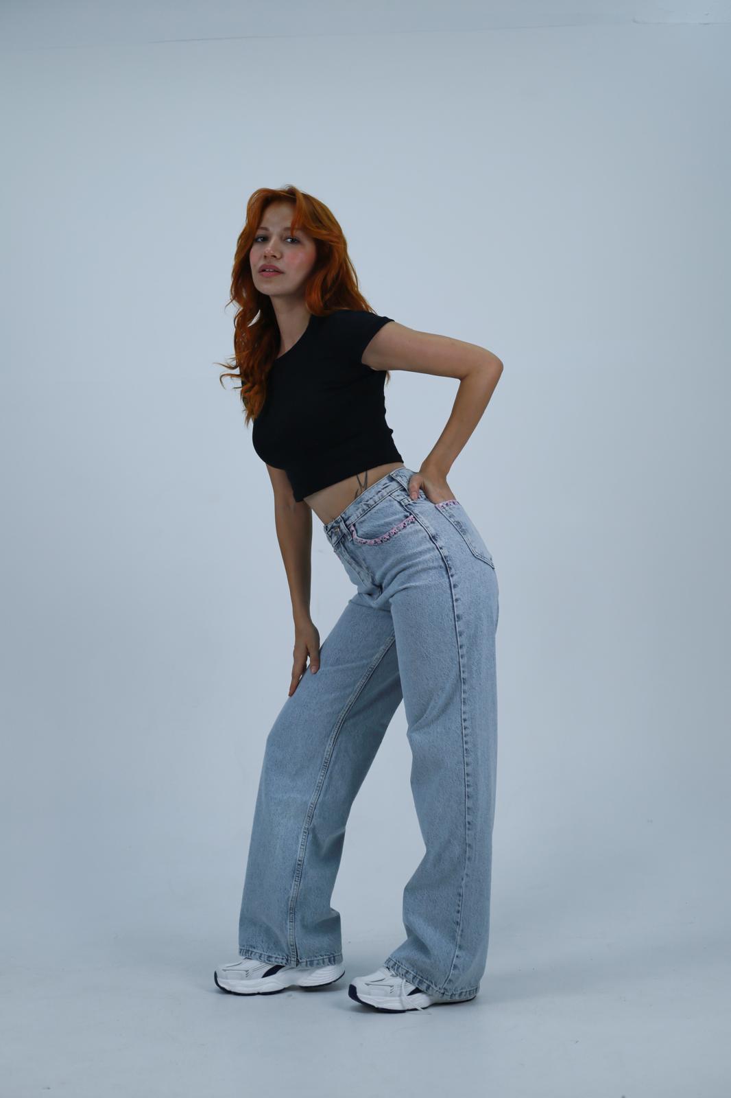 Kadın Mavi Dantel Cep Detaylı Baggy Jean