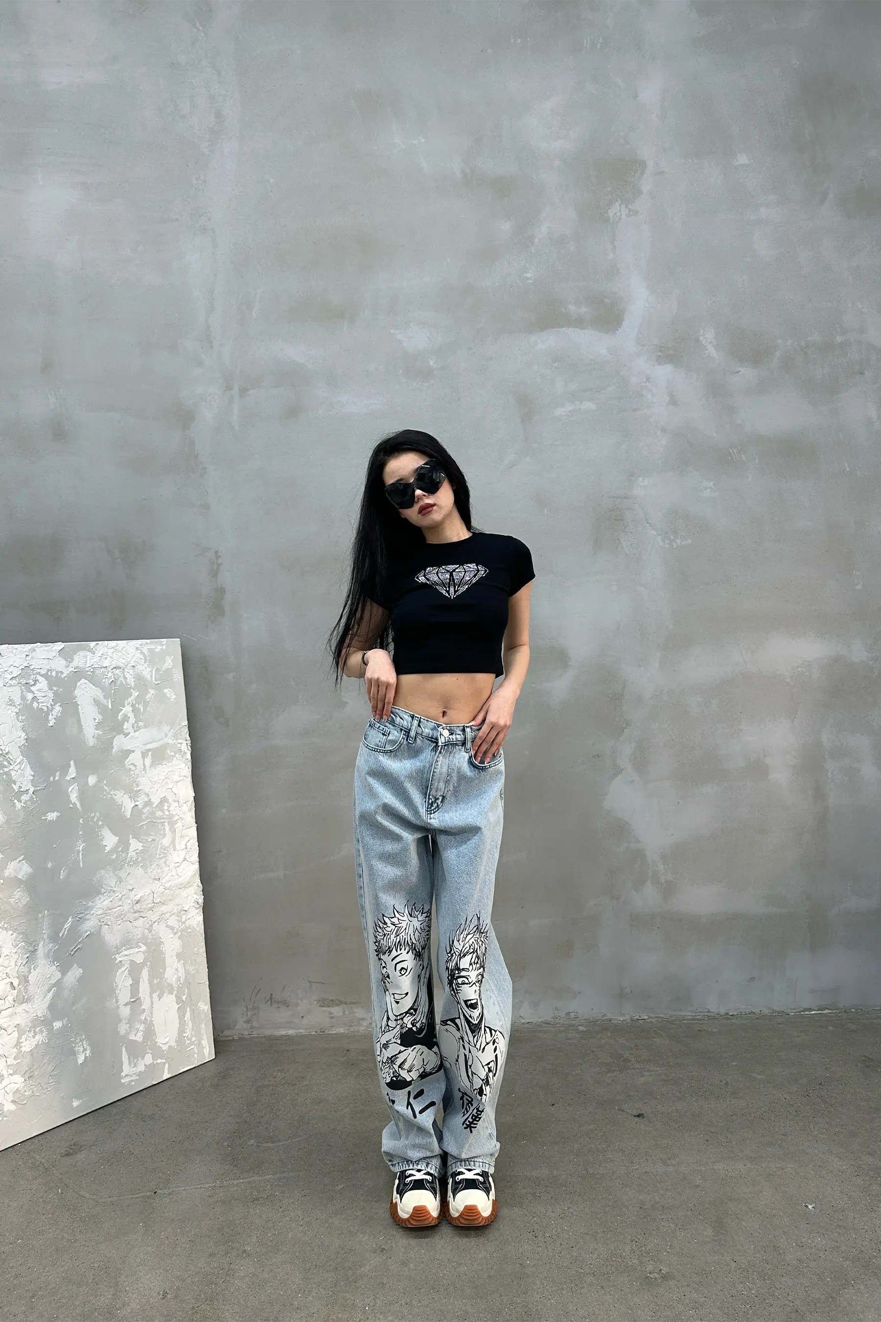 Anime Baskılı Mavi Yıkamalı Baggy Jean