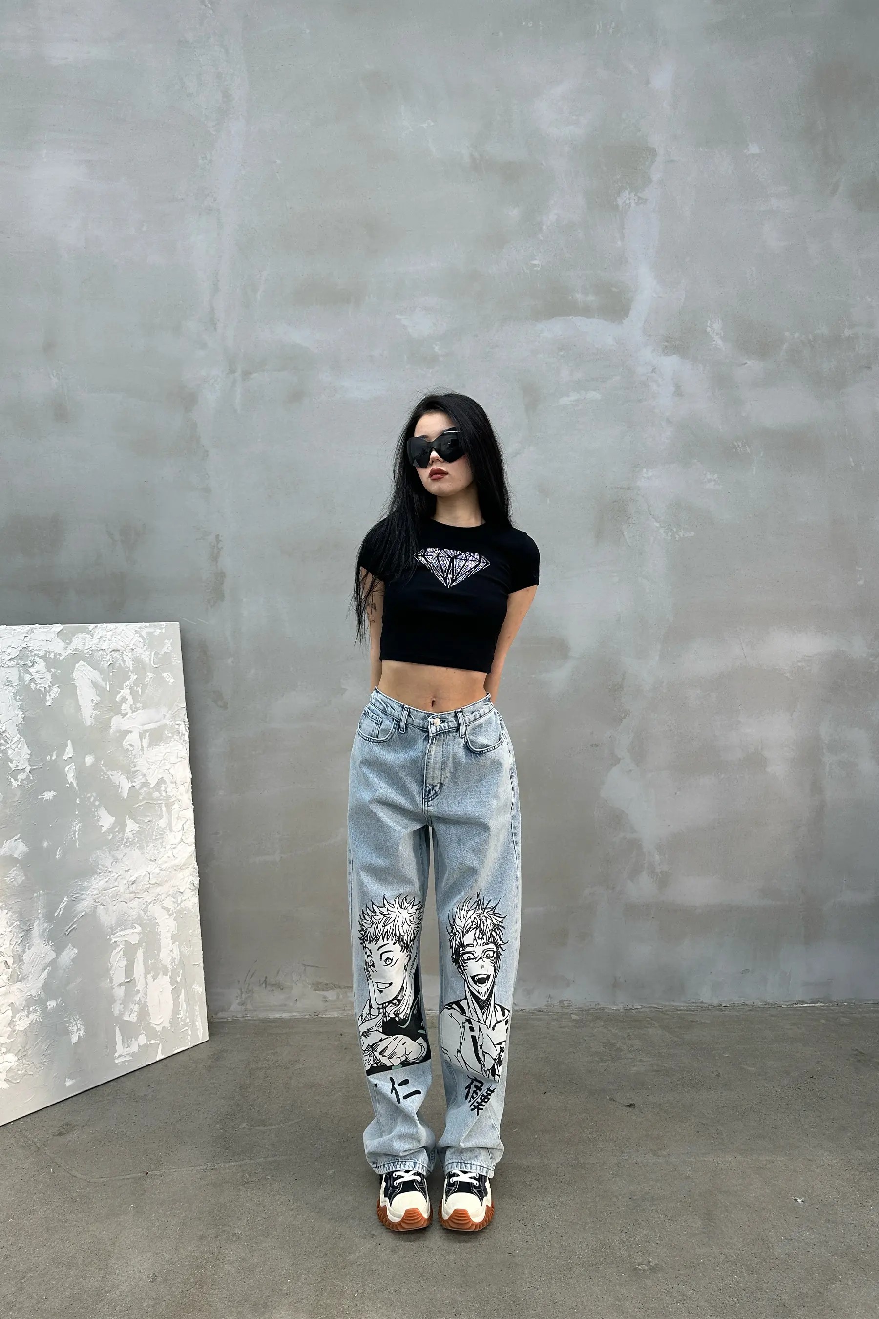 Anime Baskılı Mavi Yıkamalı Baggy Jean