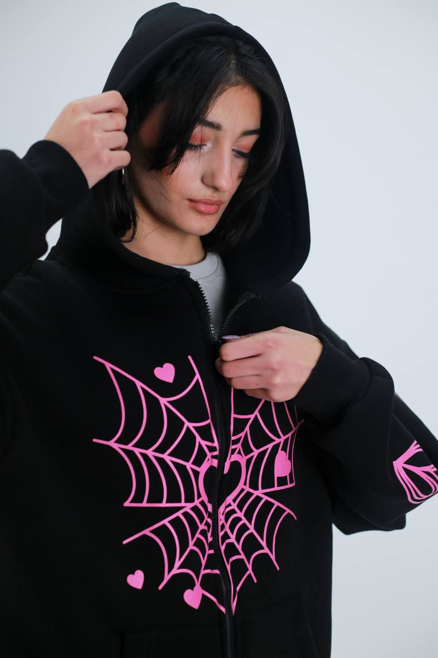 Spider Web Pembe Oversize Unisex Hırka 