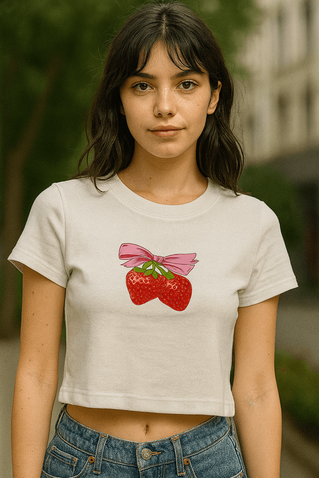 Çilek Baskılı Crop - Beyaz