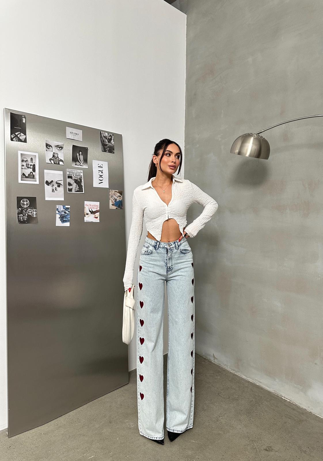 Kalp Nakışlı Baggy Mavi Jean Pantolon