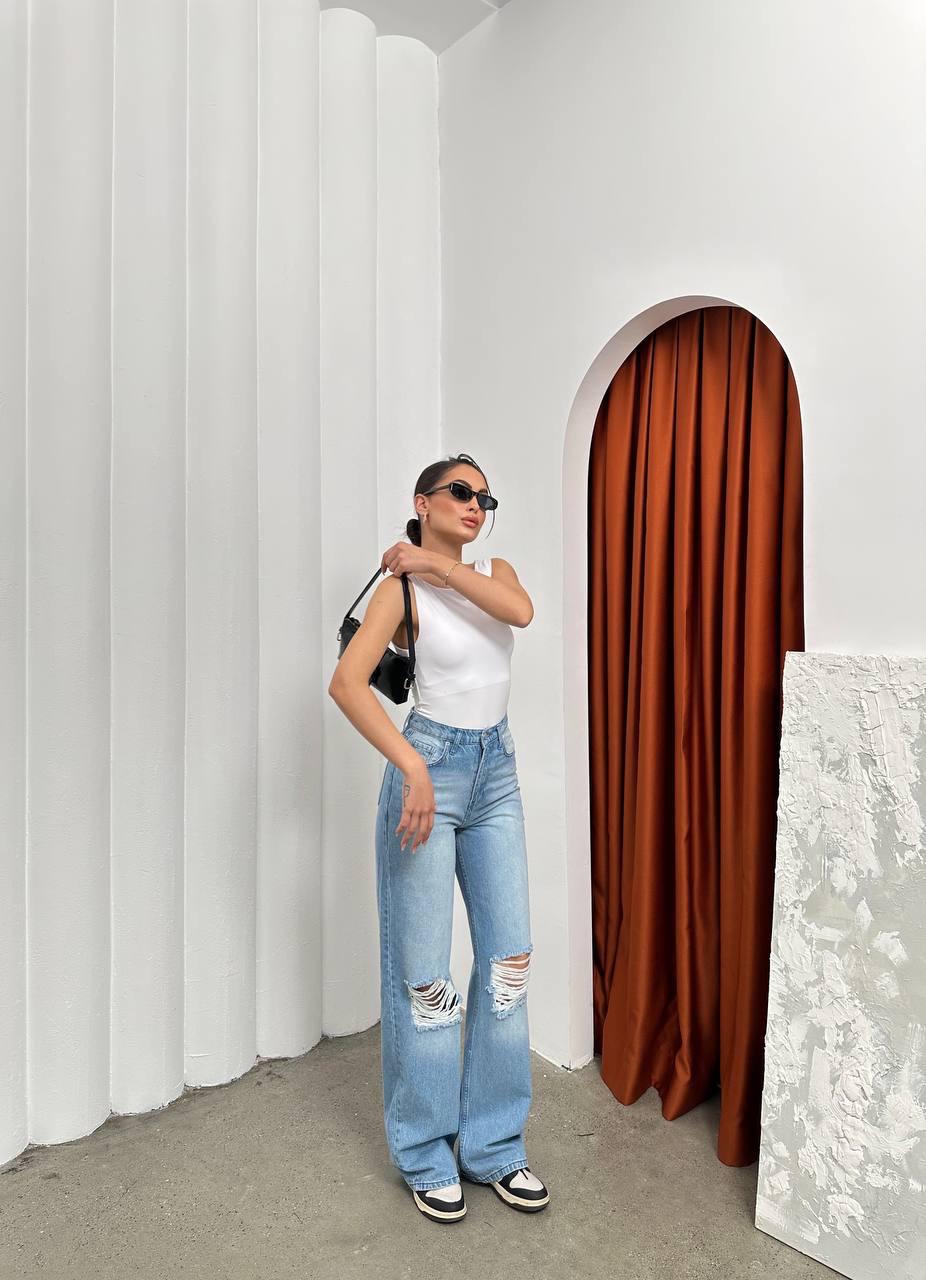 Yırtık Diz Detaylı Mavi Baggy Jean