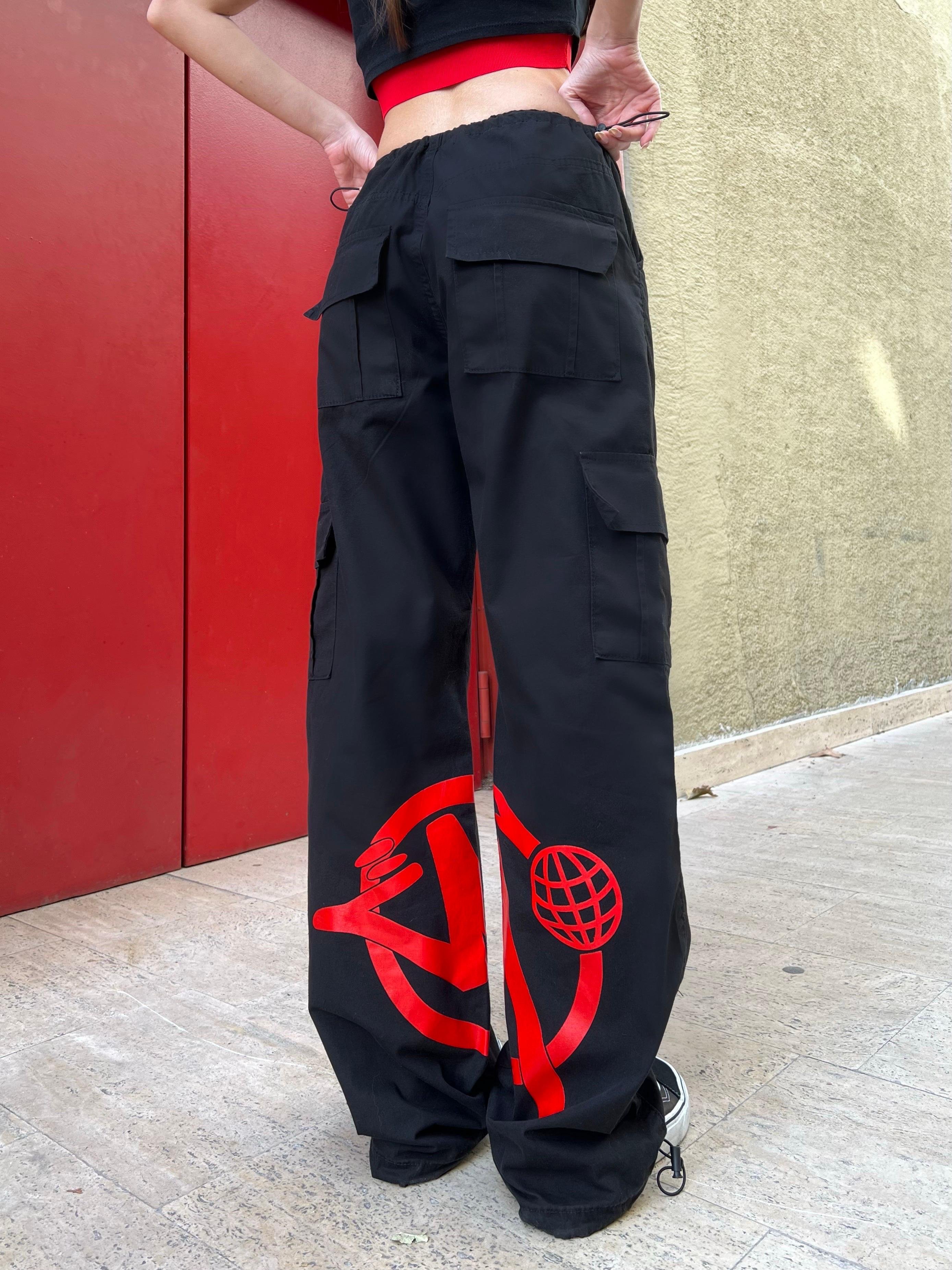 Grunge Siyah-Kırmızı Baggy Pantalon