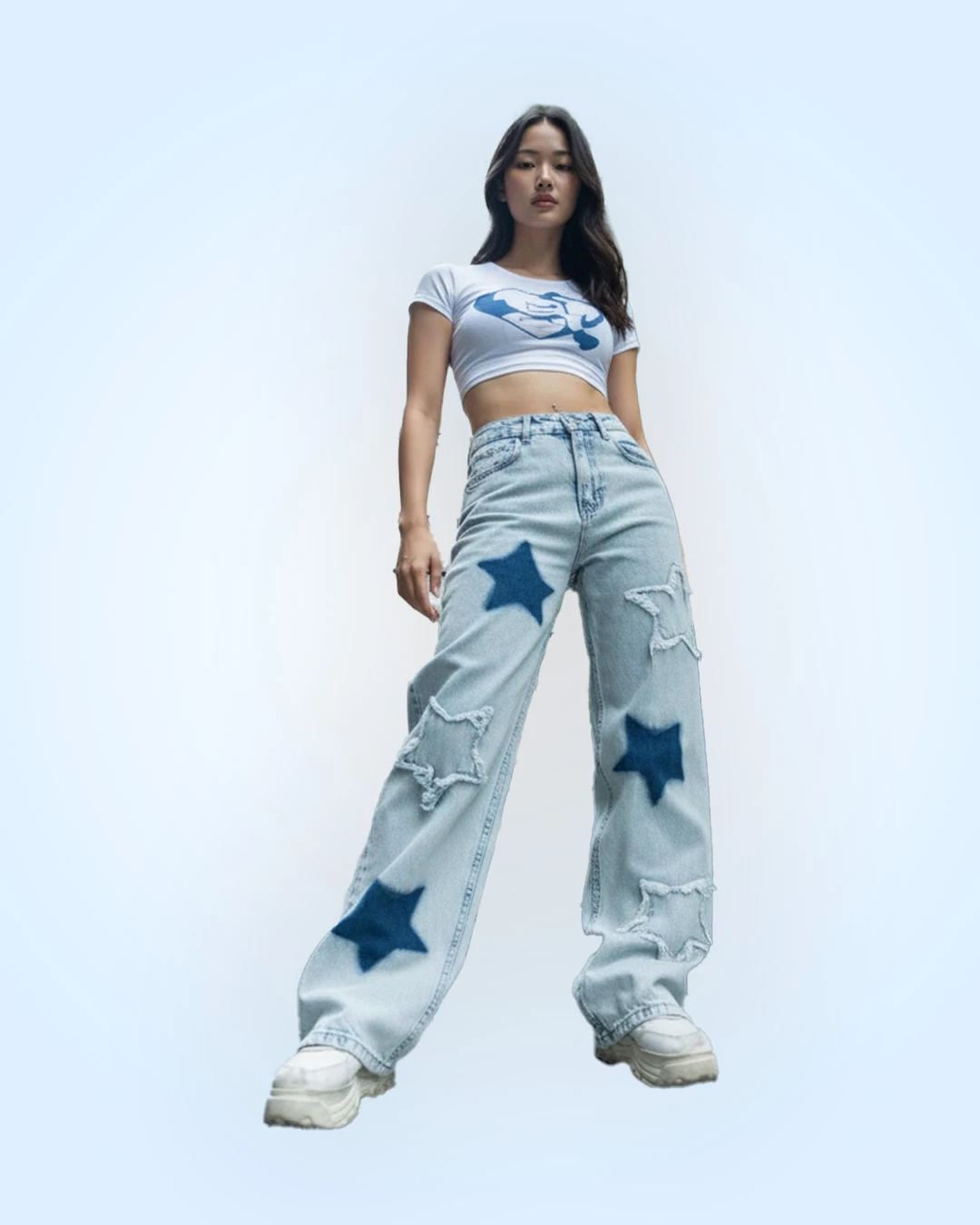 Stars Detail Blue Baggy Unisex Live Jean