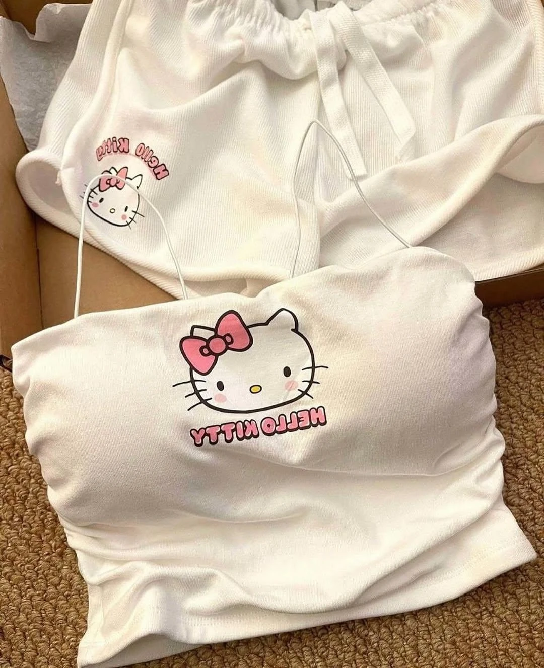 Beyaz Hello Kitty Crop Şort Alt Üst Takım