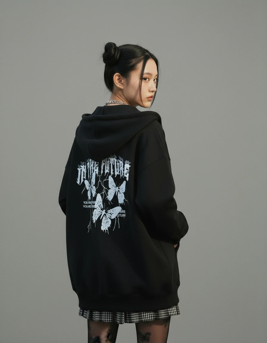 Butterfly Black Baskılı Oversize Unisex Hırka