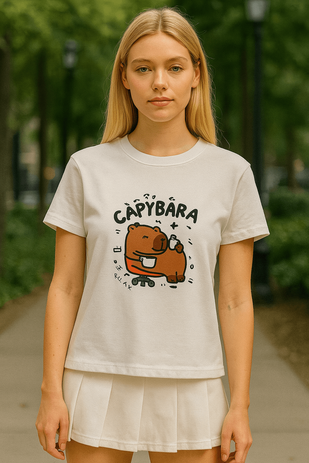 Cappybara Baskı Crop - Beyaz