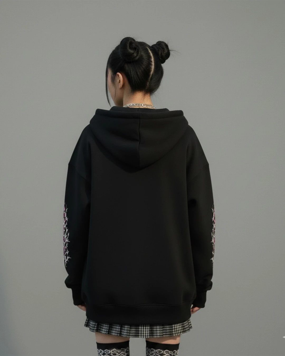 Gothic Design Oversize Fermuarlı Siyah Unisex Kapüşonlu Hırka