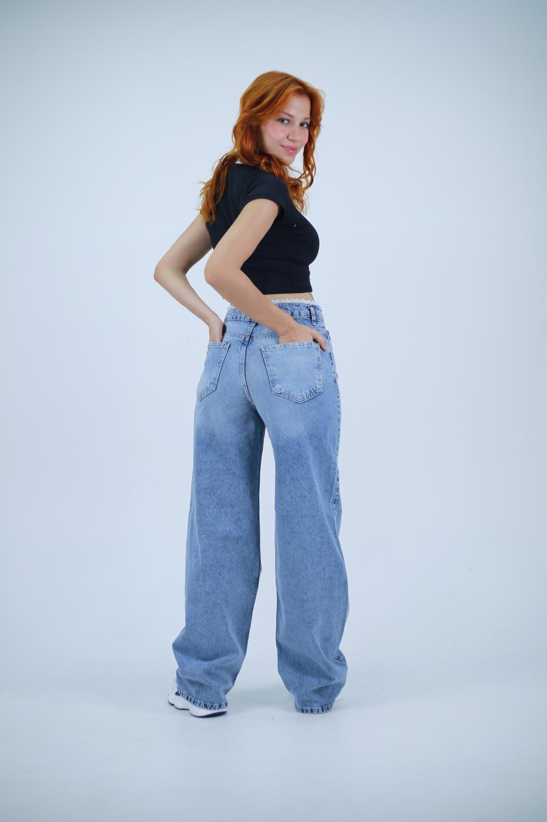 Beyaz Dantel Detaylı Mavi Baggy Pantolon