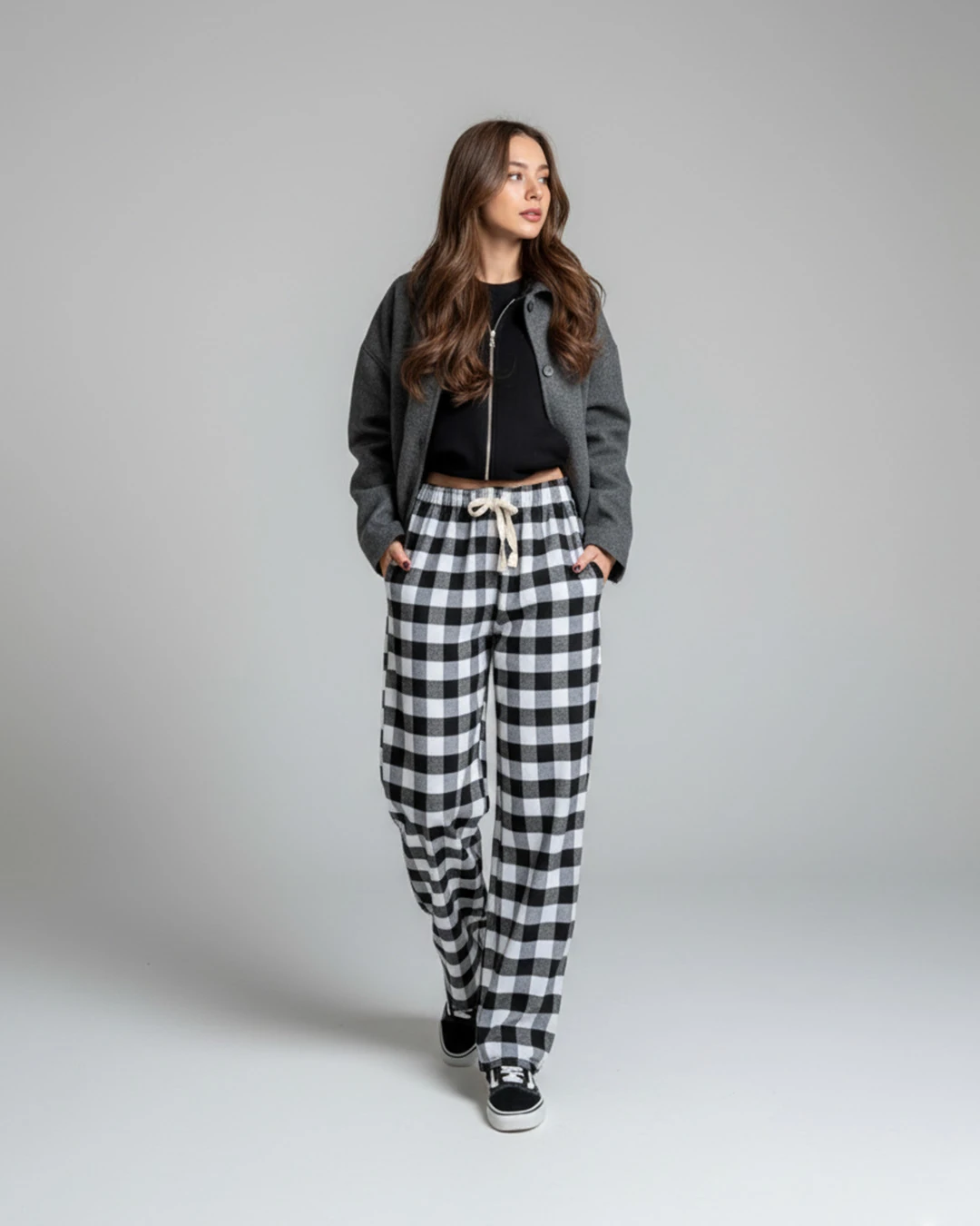 Siyah-Beyaz Çizgi Detaylı Unisex Ekose Eşofman Altı