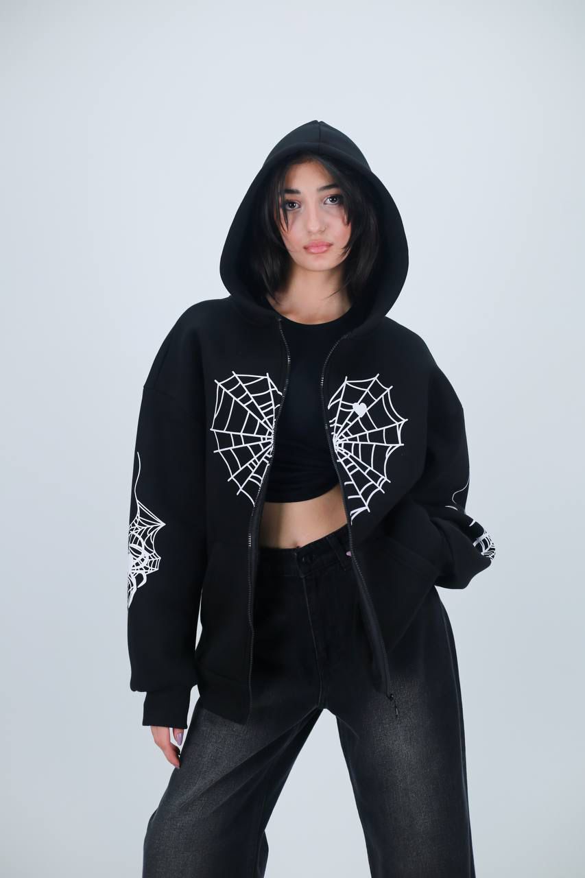 Spider Web Detail Siyah Oversize Unisex Hırka
