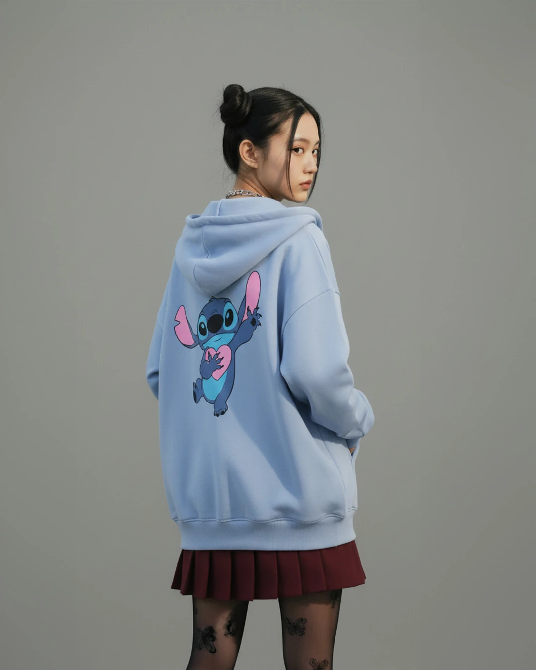 Mavi Stitch Baskılı Oversize Hoodie