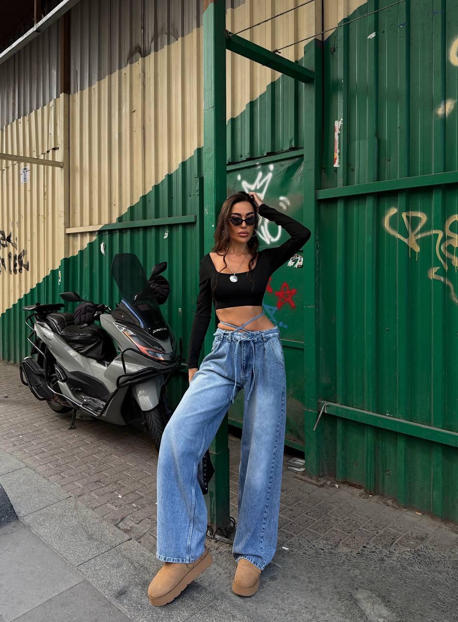 Bağcık Detaylı Mavi Loose Fit Bol Paça Pantolon