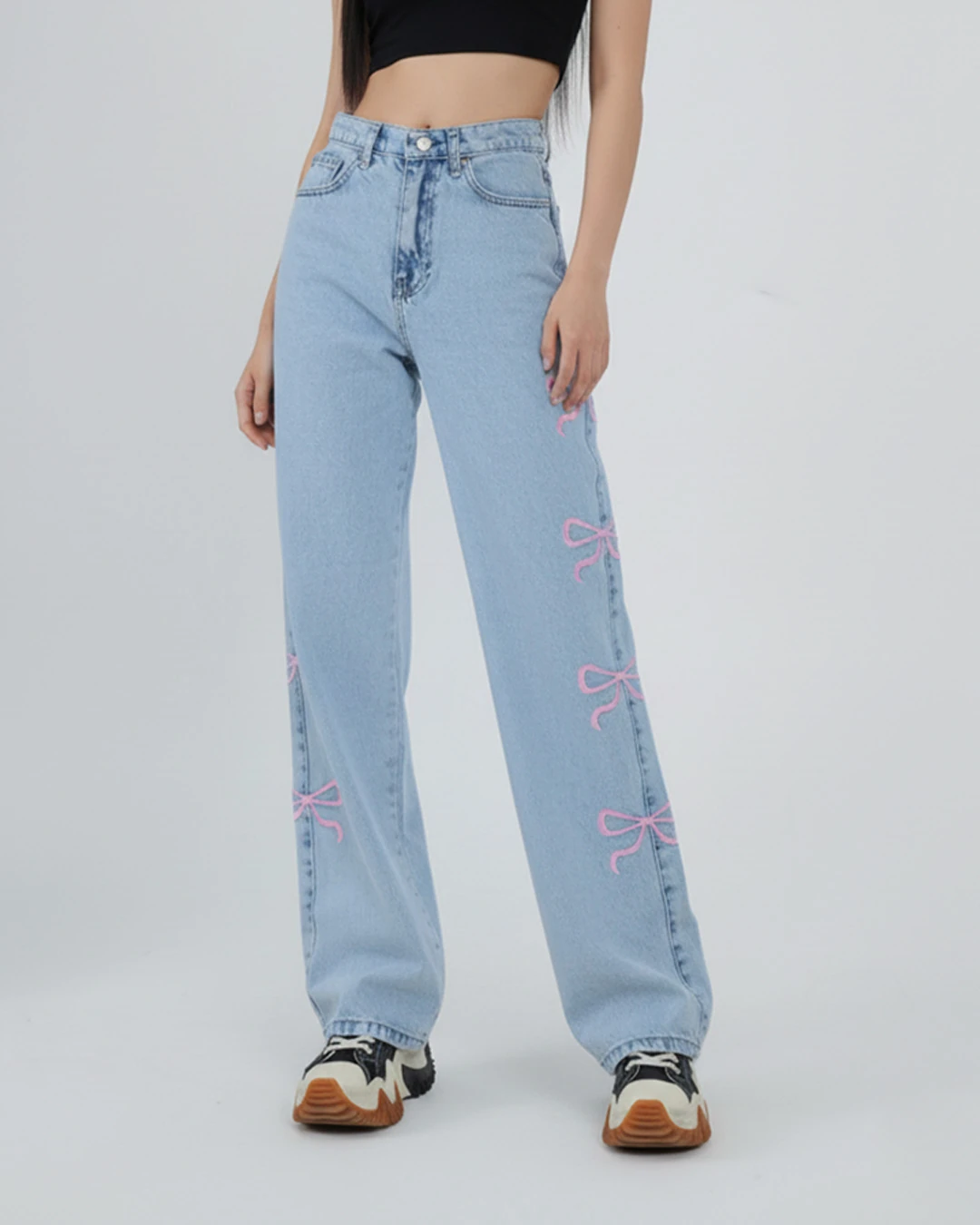 Pembe Kurdele Nakış Detaylı Baggy Jean