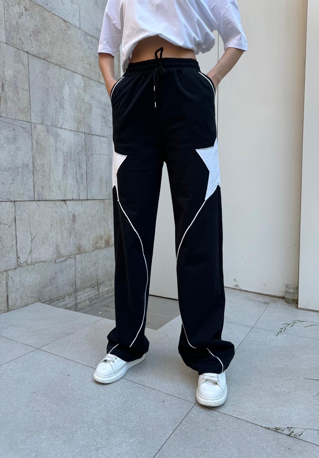 Siyah Star Detail Unisex Eşofman Altı