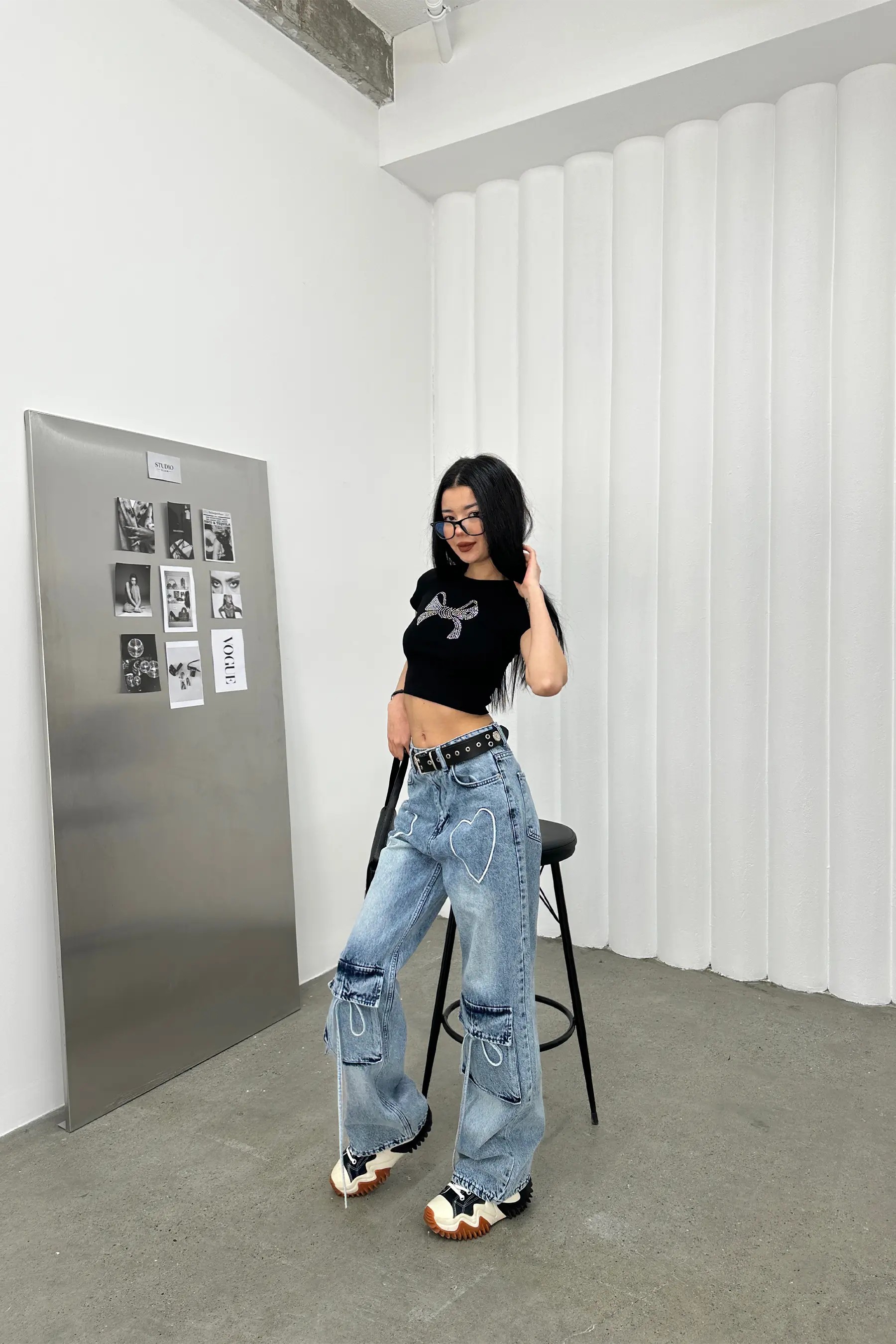 Heartbeat Lacivert Nakışlı Mavi Baggy Jean