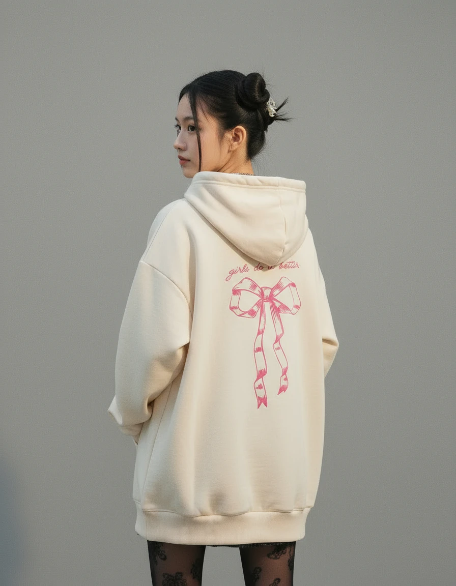 Bej Kurdele Baskılı Oversize Unisex Hoodie