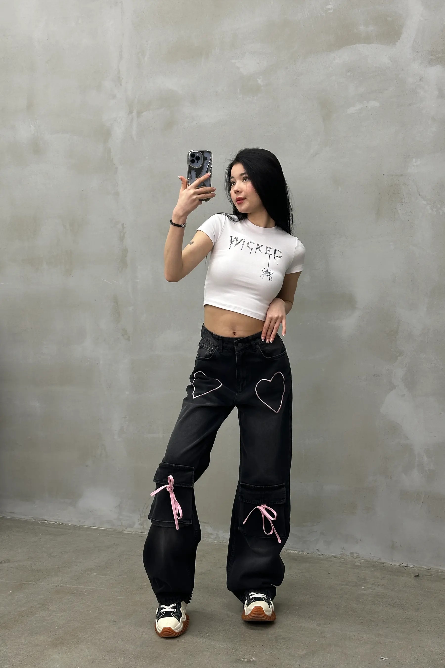 Heartbeat Pembe Nakışlı Mavi Baggy Jean