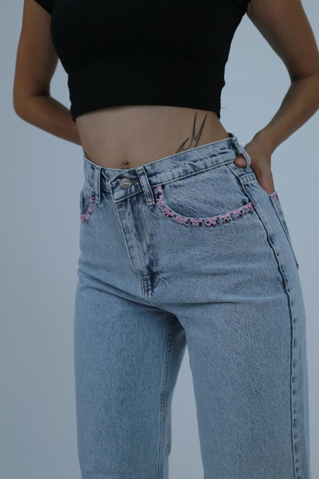 Kadın Mavi Dantel Cep Detaylı Baggy Jean