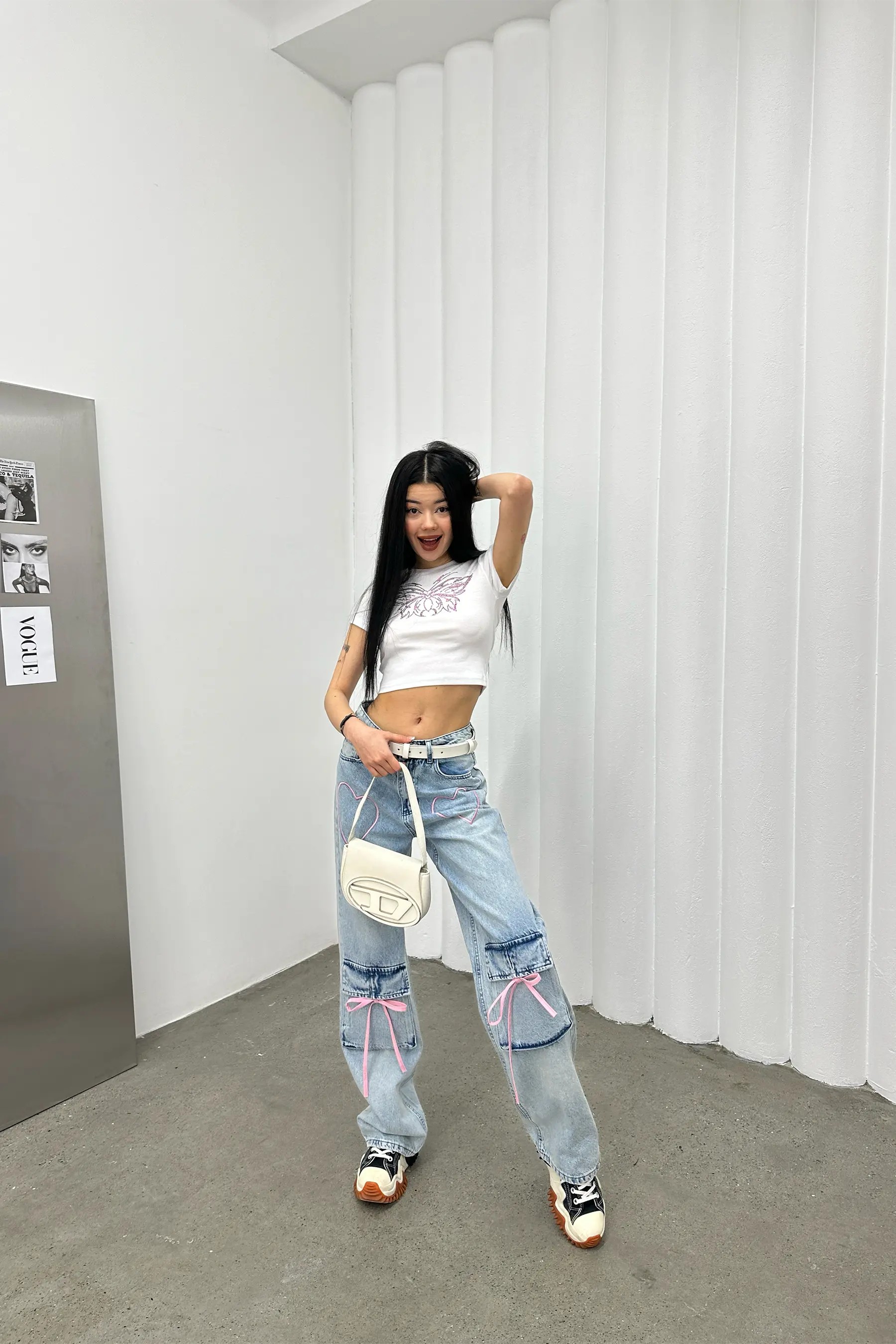 Heartbeat Pembe Nakışlı Mavi Baggy Jean