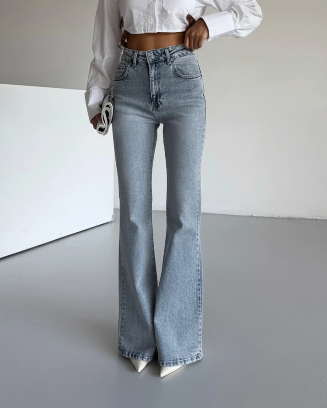 Açık Mavi Yüksel Bel İspanyol Paça Esnek Likralı Jean Kot Pantolon