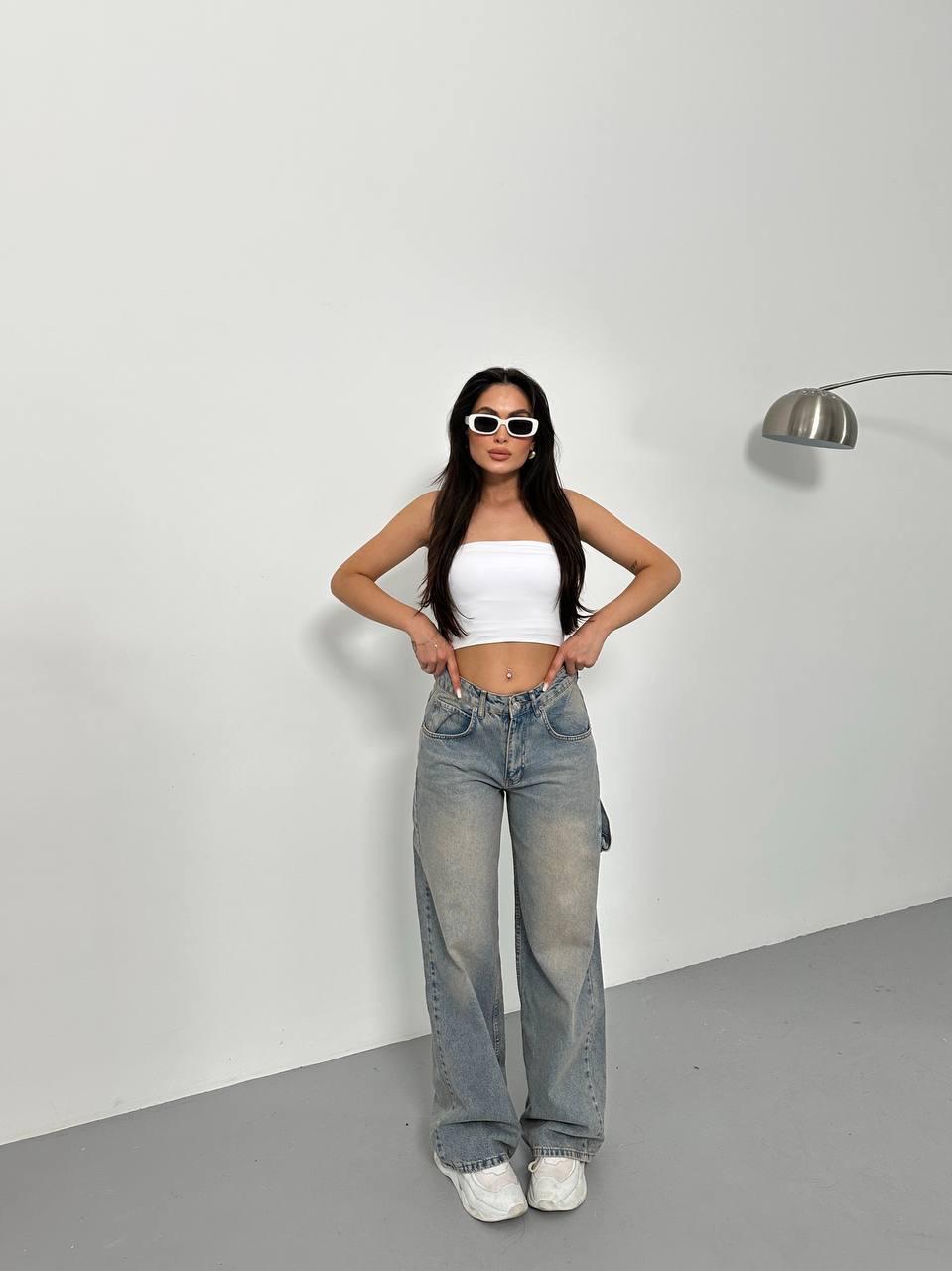 Cep Detaylı Mavi Eskitme Baggy Unisex Jean