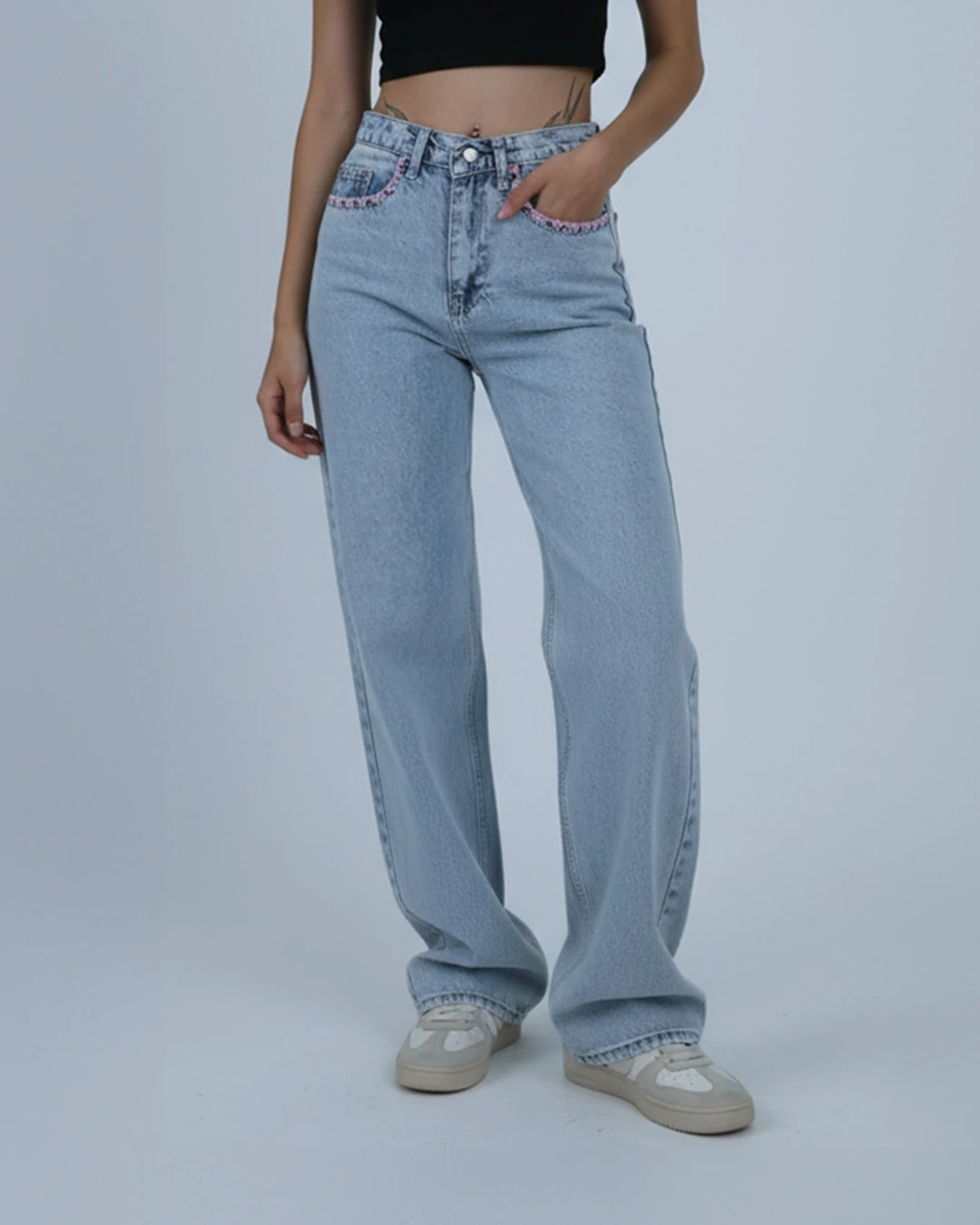 Kadın Mavi Dantel Cep Detaylı Baggy Jean