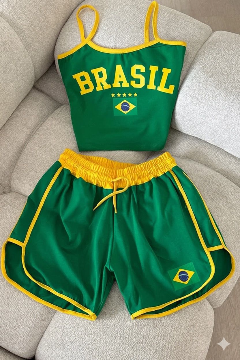Yeşil Brasil Askılı Crop - Şort Takım
