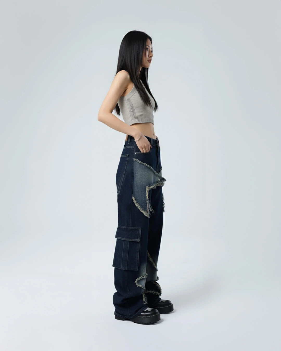 Mavi Yıldız Bağlı Karo Cep Baggy Unisex Pantolon