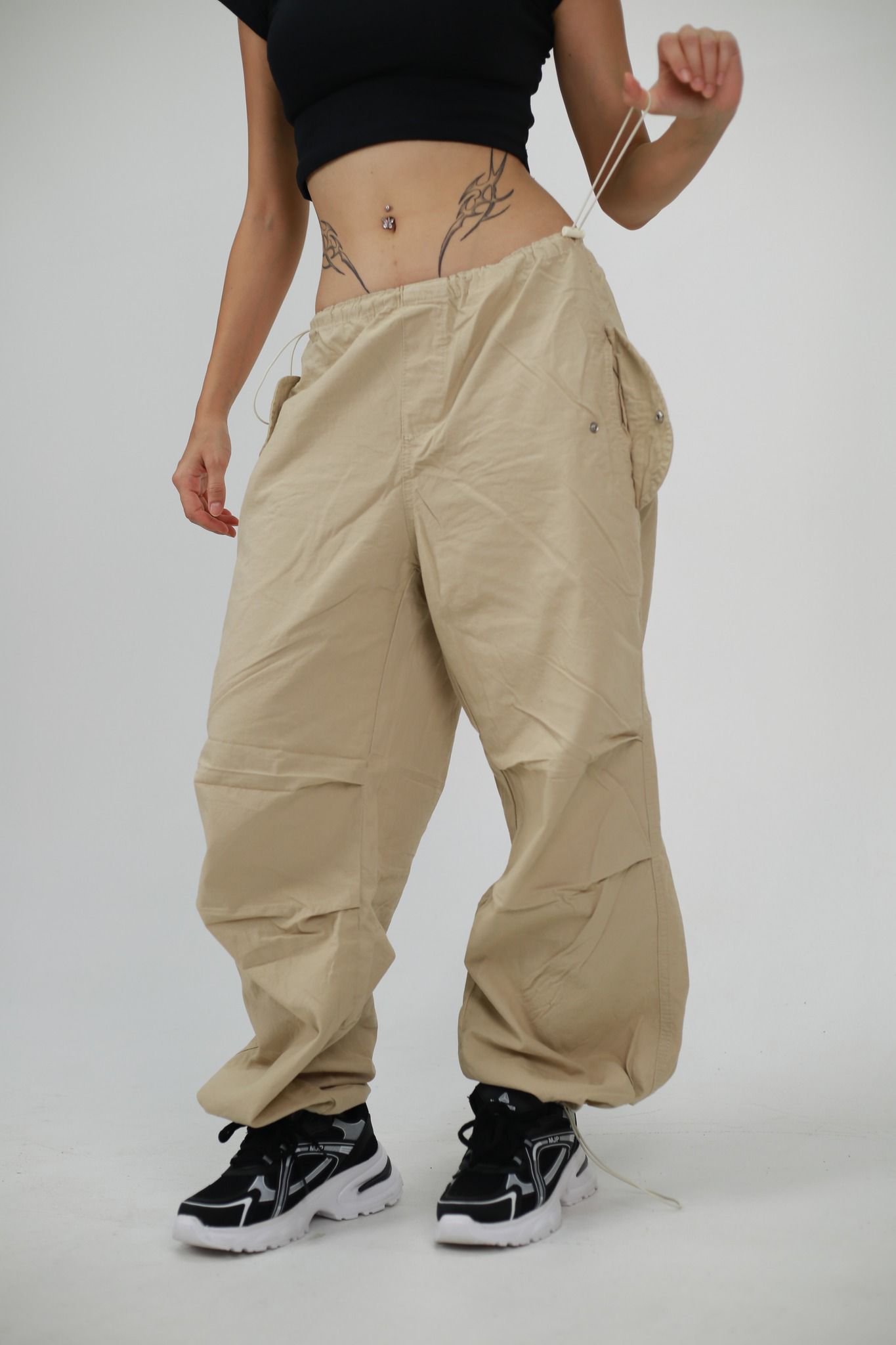 Krem Tactical Ayarlanabilir Bel Kumaş Unisex Pantolon