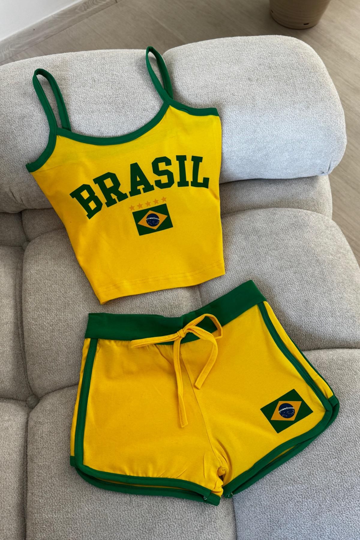 Sarı Brasil Detail Askılı Crop - Şort Takım