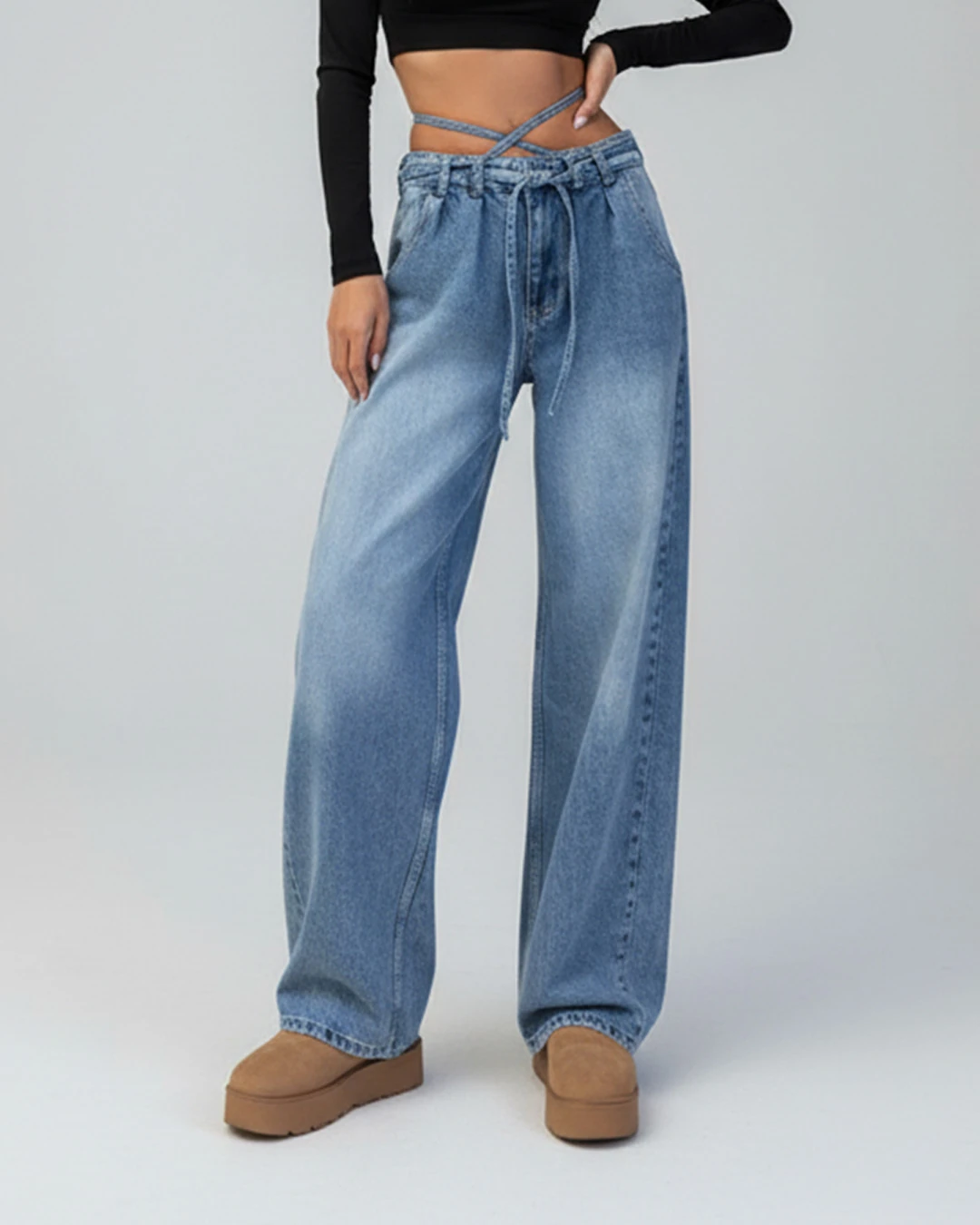 Bağcık Detaylı Mavi Loose Fit Bol Paça Pantolon