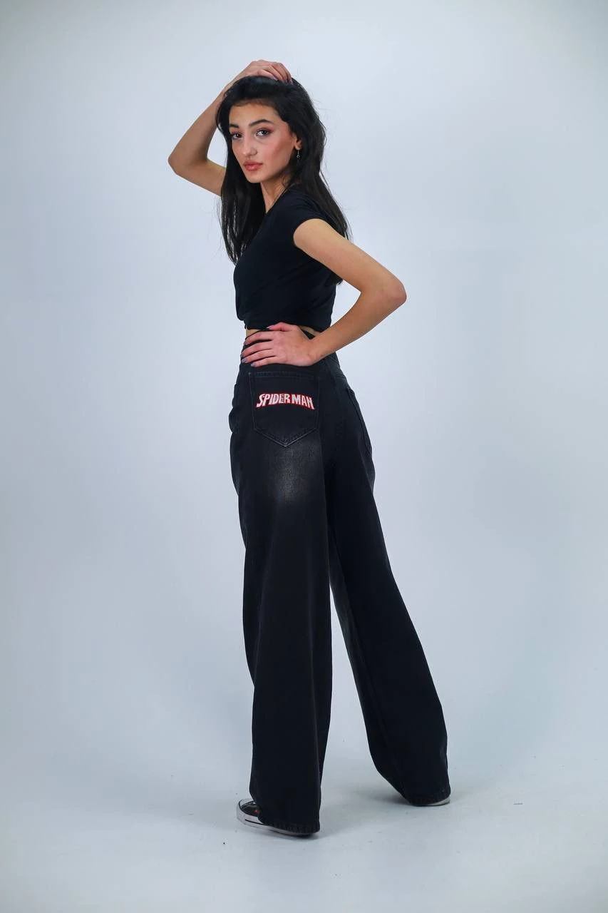 Spider-Man Black Baggy Unisex Yıkamalı Jean