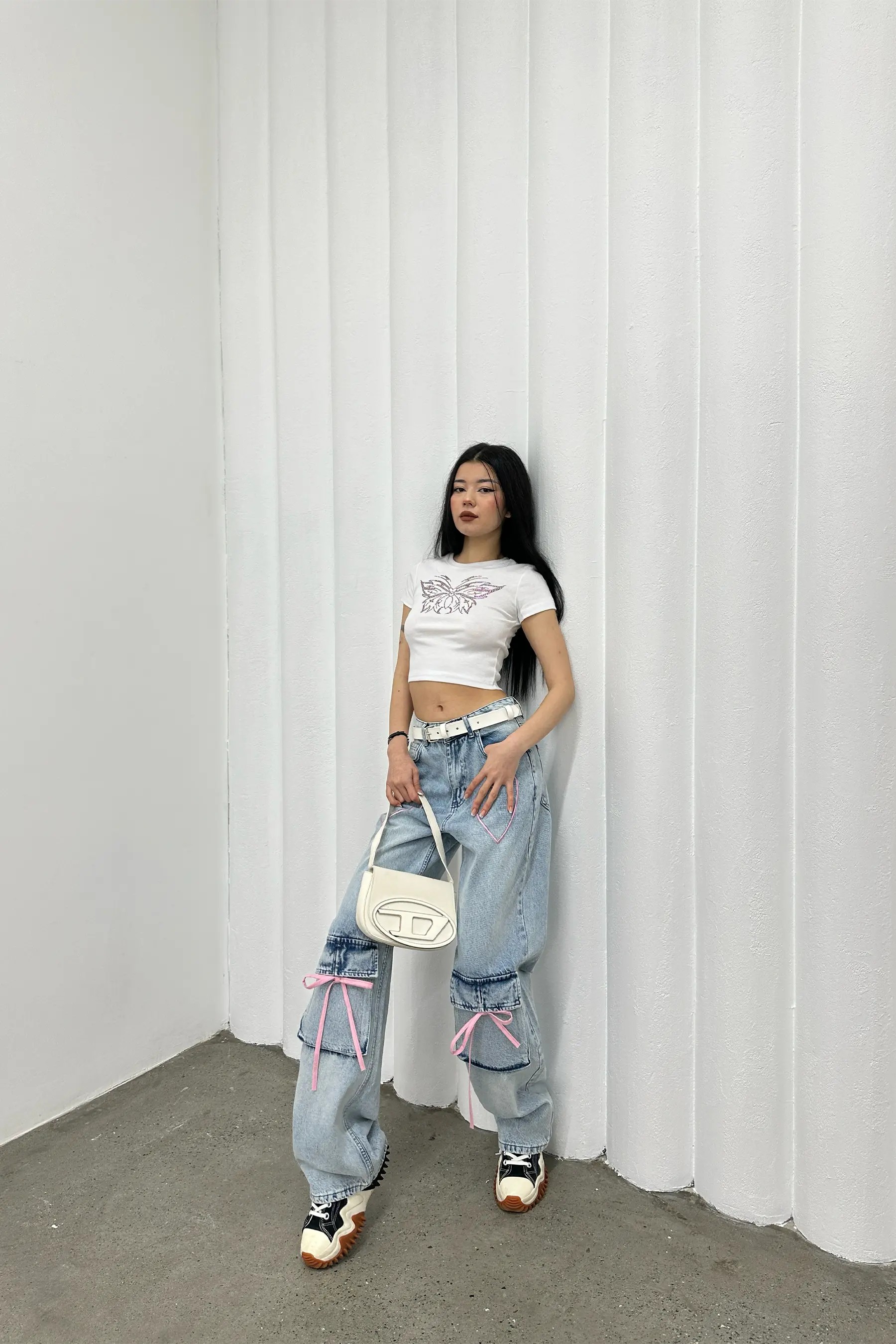 Heartbeat Pembe Nakışlı Mavi Baggy Jean