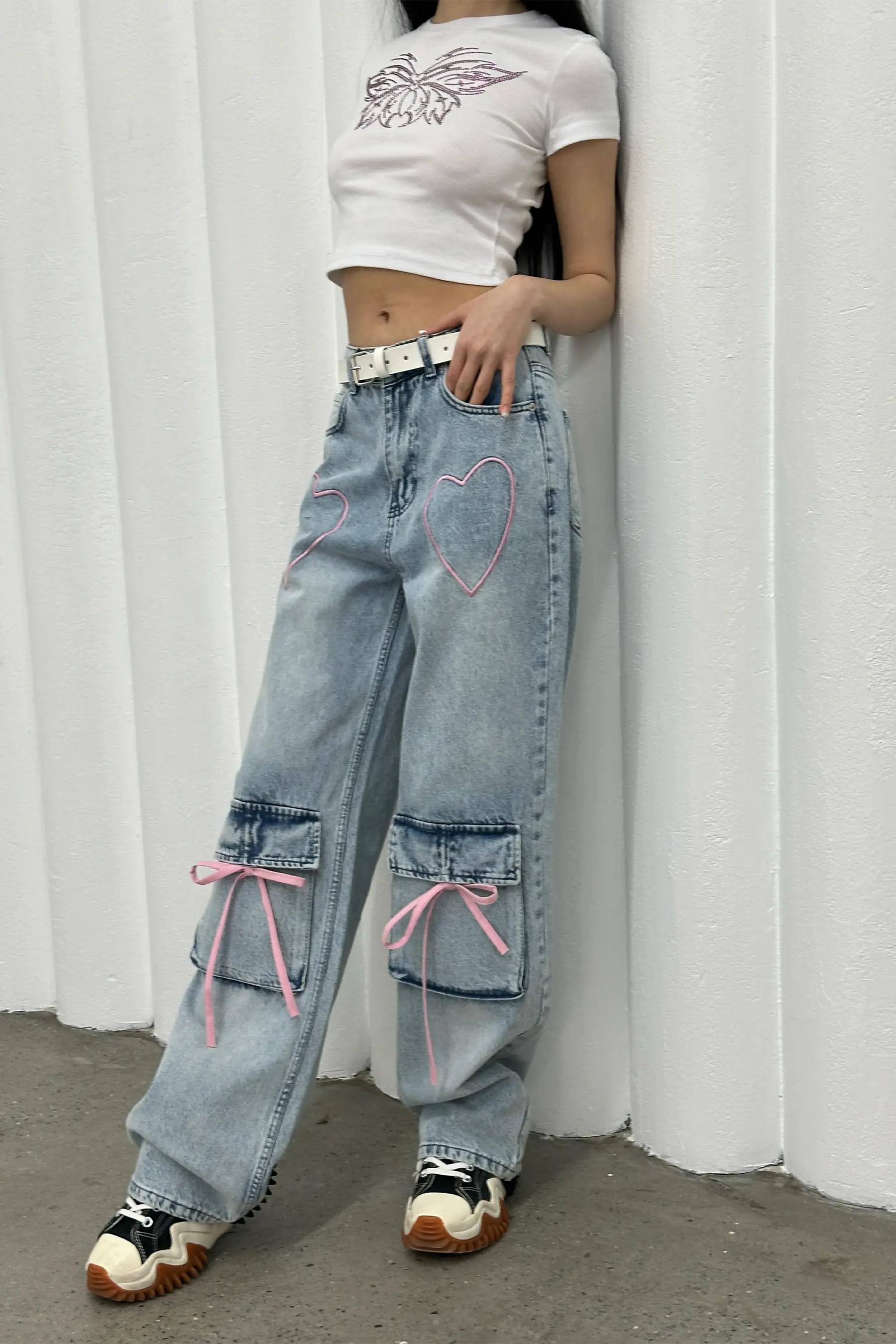 Heartbeat Pembe Nakışlı Mavi Baggy Jean