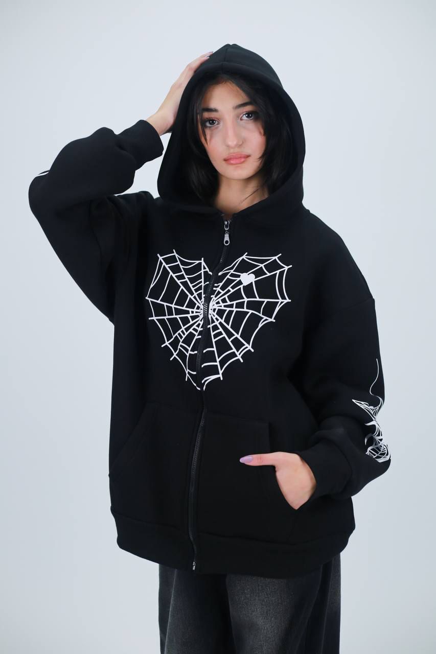 Spider Web Detail Siyah Oversize Unisex Hırka