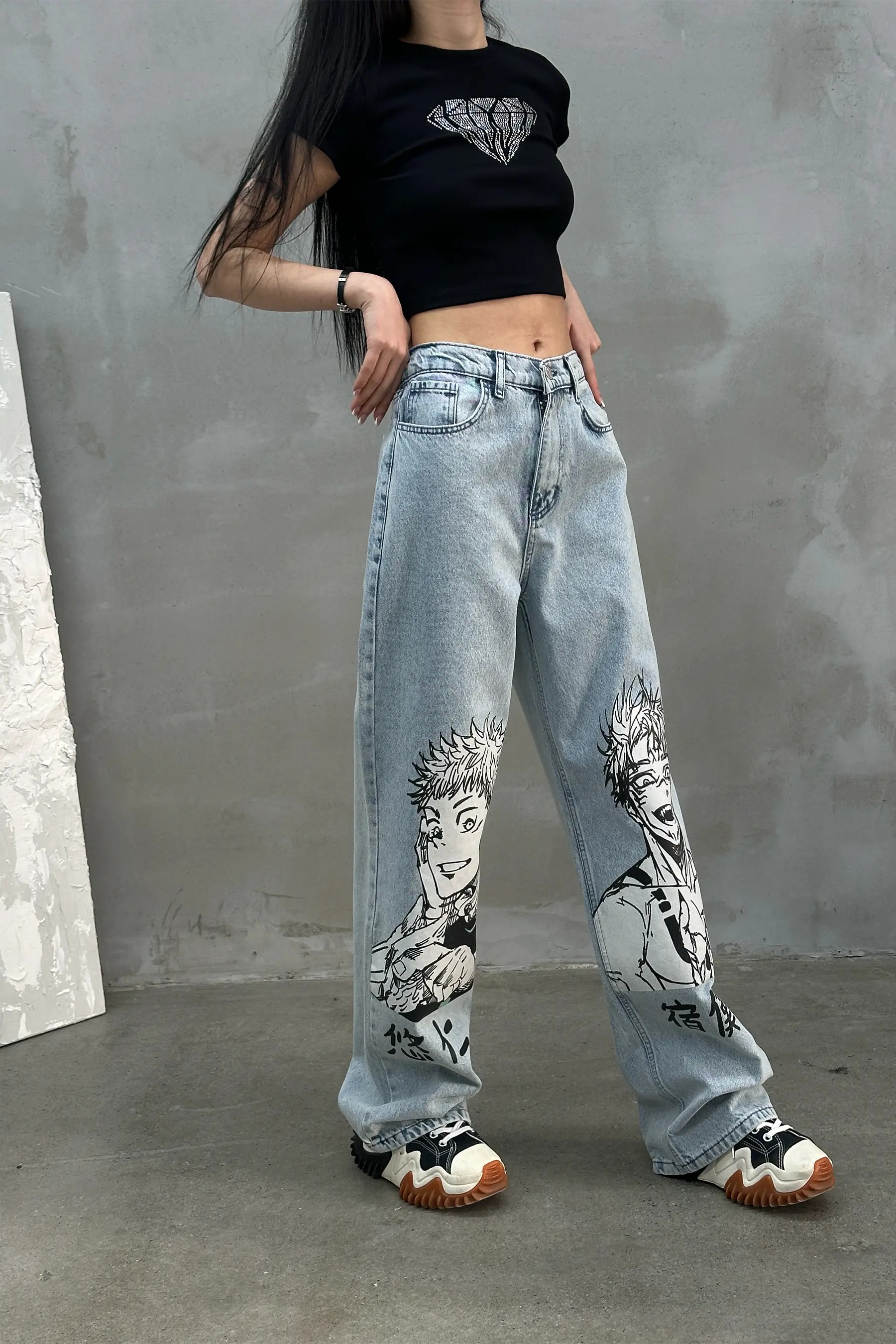 Anime Baskılı Mavi Yıkamalı Baggy Jean