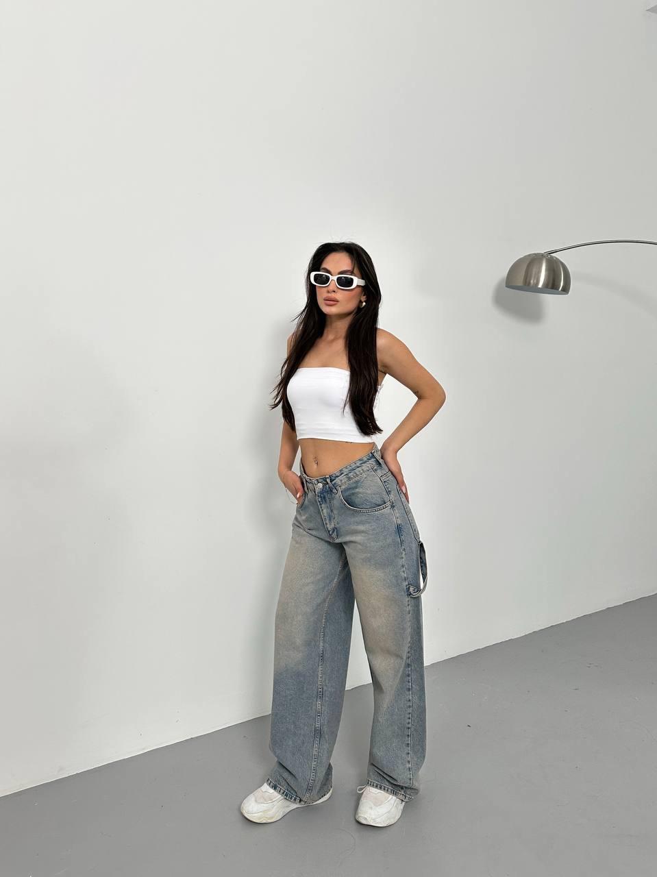 Cep Detaylı Mavi Eskitme Baggy Unisex Jean