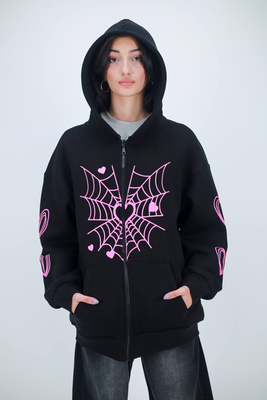 Spider Web Pembe Oversize Unisex Hırka 