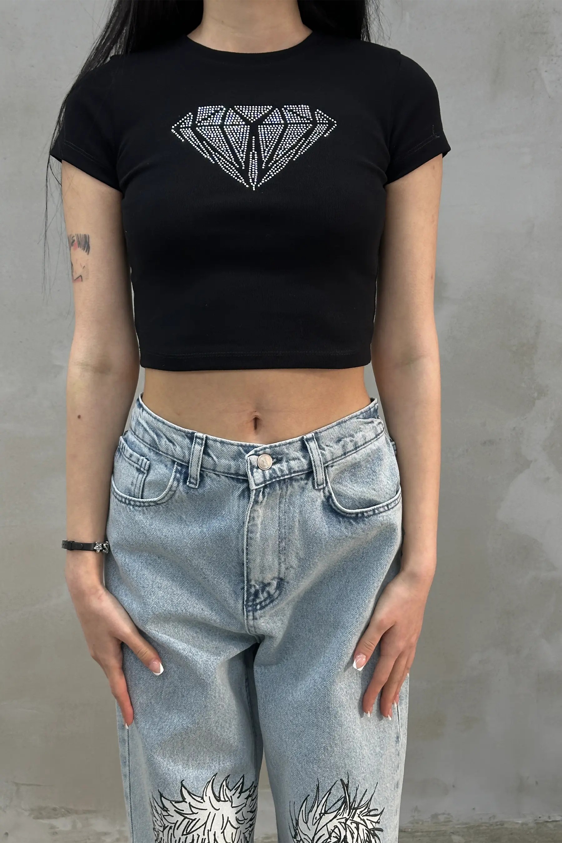 Anime Baskılı Mavi Yıkamalı Baggy Jean