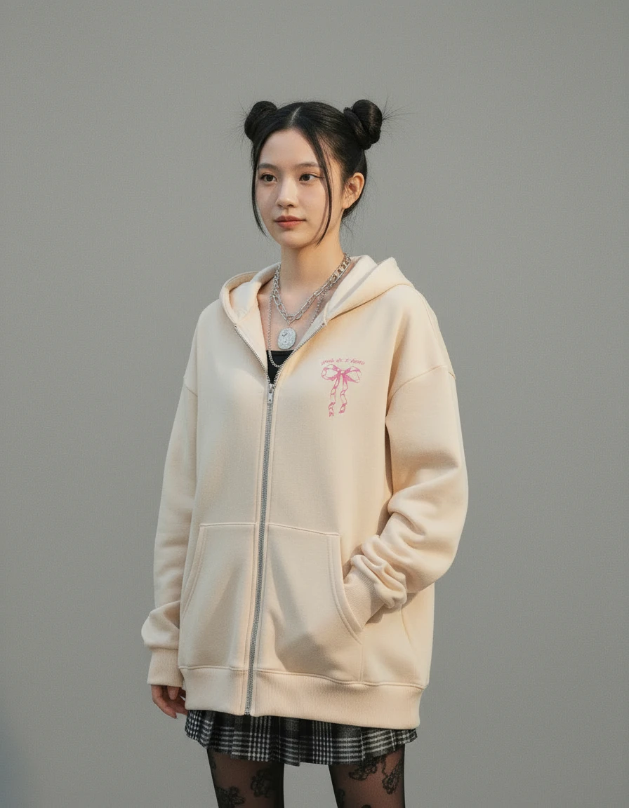 Bej Kurdele Baskılı Oversize Unisex Hoodie