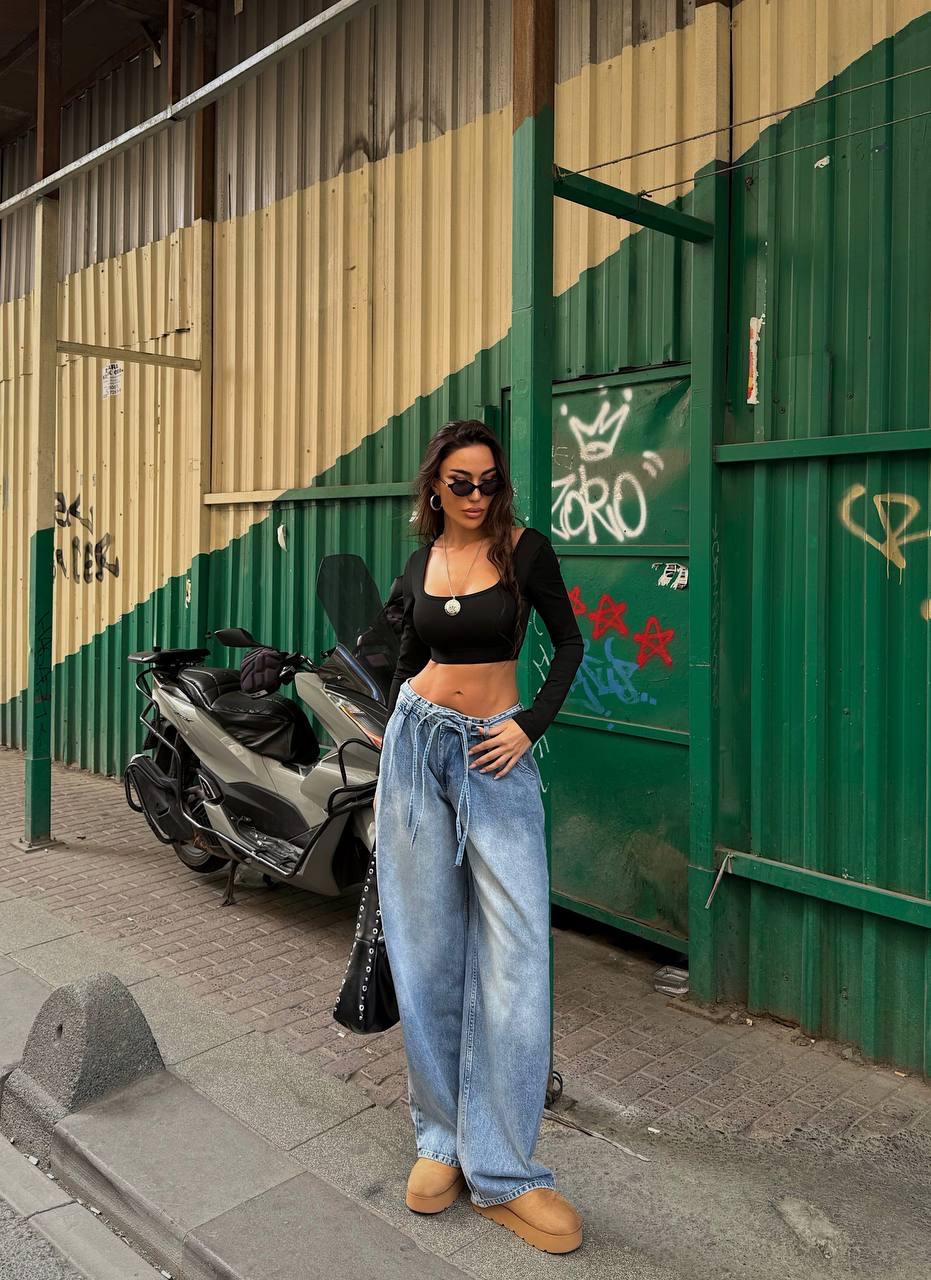 Bağcık Detaylı Mavi Loose Fit Bol Paça Pantolon