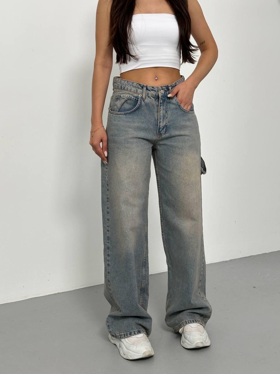 Cep Detaylı Mavi Eskitme Baggy Unisex Jean