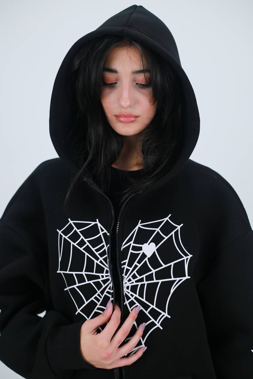 Spider Web Detail Siyah Oversize Unisex Hırka
