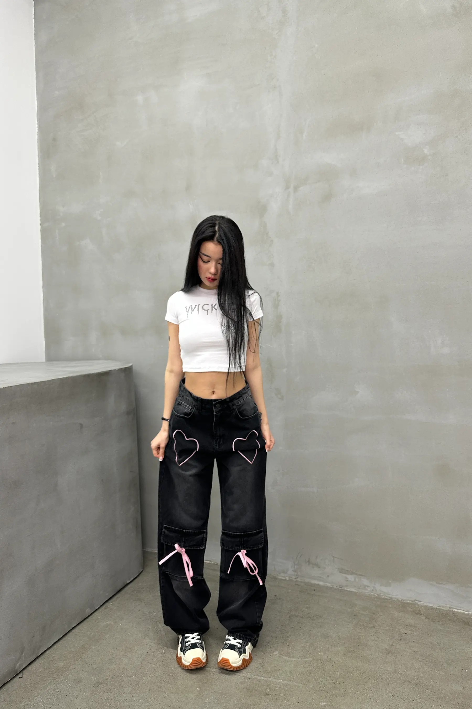 Heartbeat Pembe Nakışlı Mavi Baggy Jean