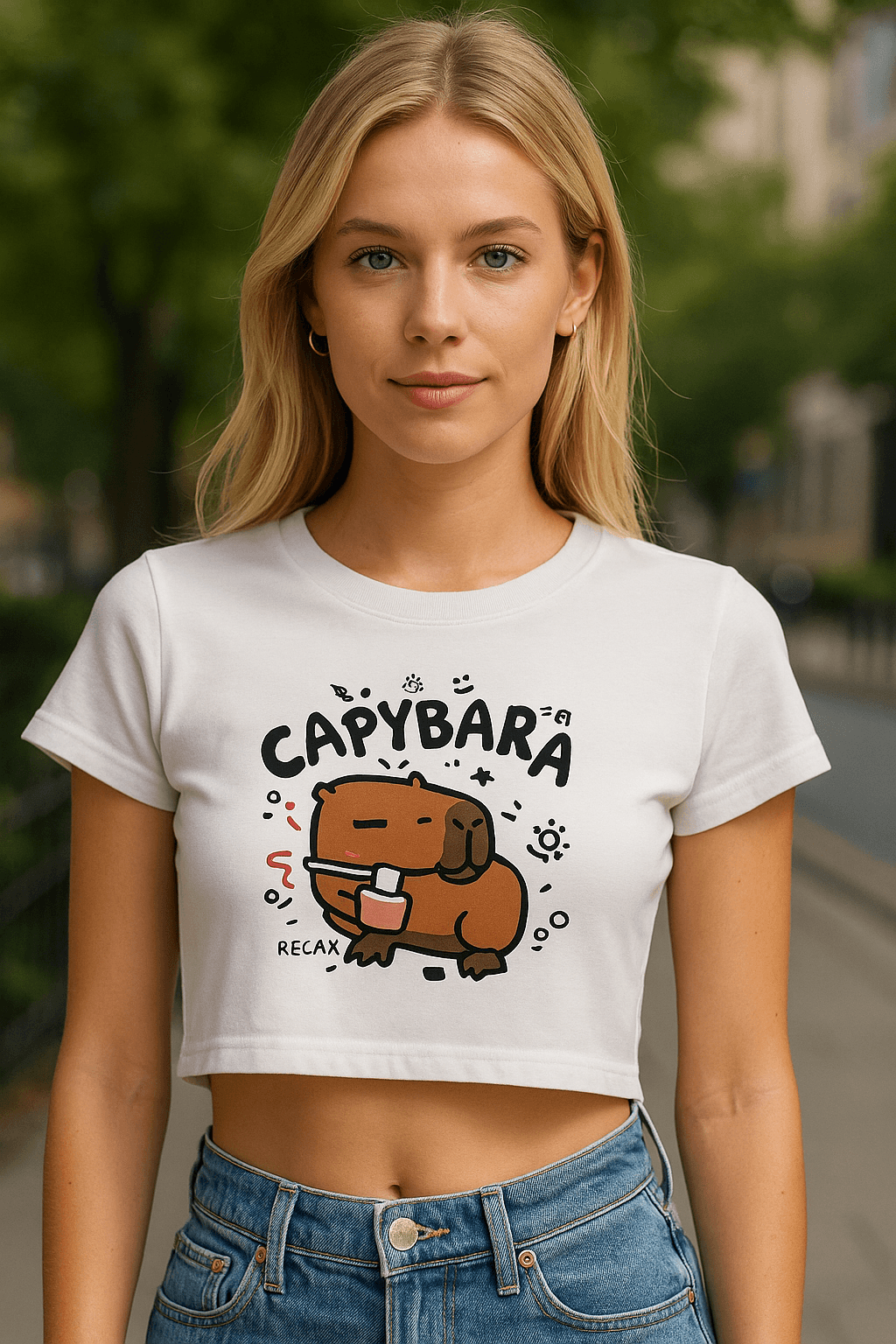 Cappybara Baskı Crop - Beyaz
