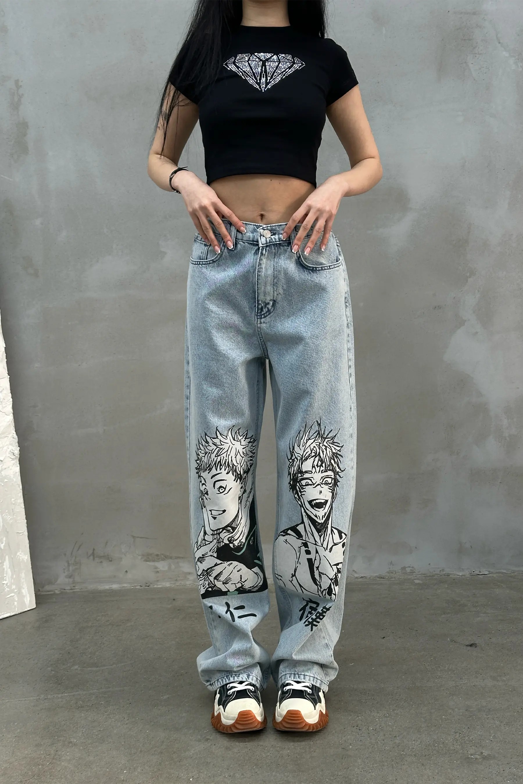 Anime Baskılı Mavi Yıkamalı Baggy Jean