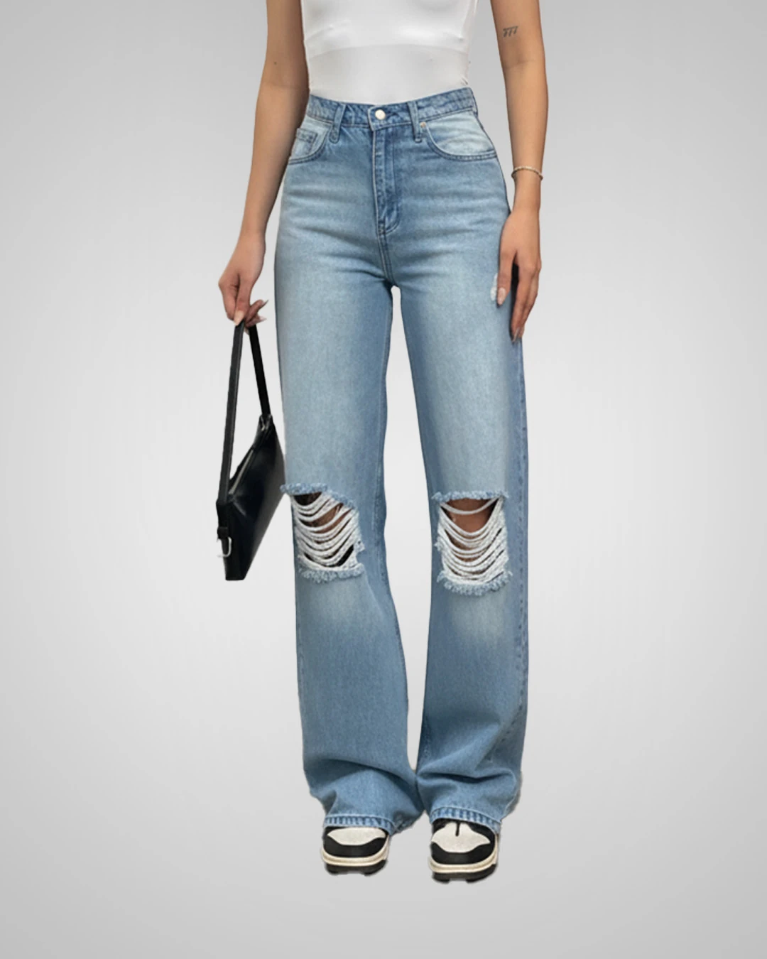 Yırtık Diz Detaylı Mavi Baggy Jean